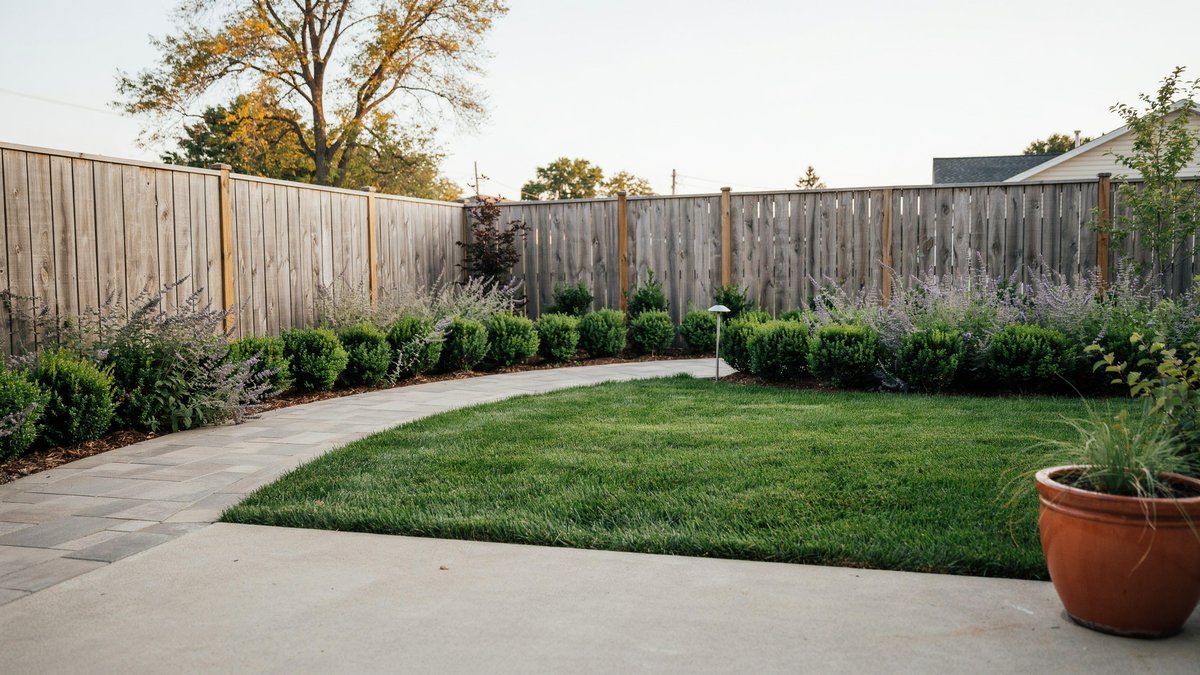 Curved concrete path splitting turf lawn from lavender beds and cedar fence