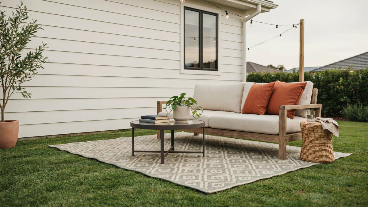 Cream sofa and patterned rug staged on turf against white lap siding