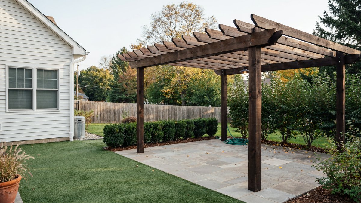 Dark stained pergola over bluestone paving with turf lawn wrapping around it