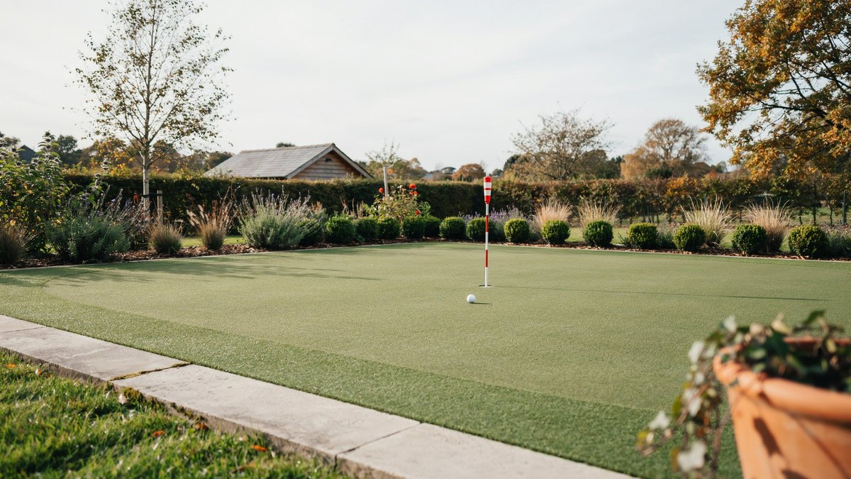 Wide practice green with red flagstick, clipped hedge and gravel border path