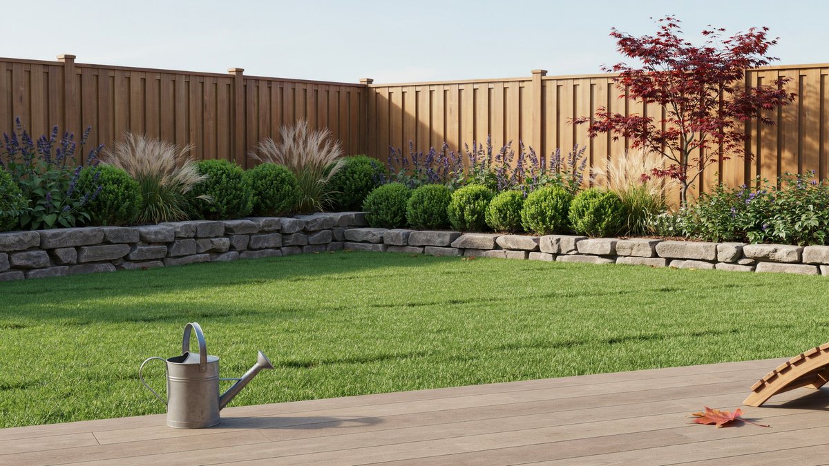 Synthetic lawn framed by a stone retaining wall and ornamental grasses
