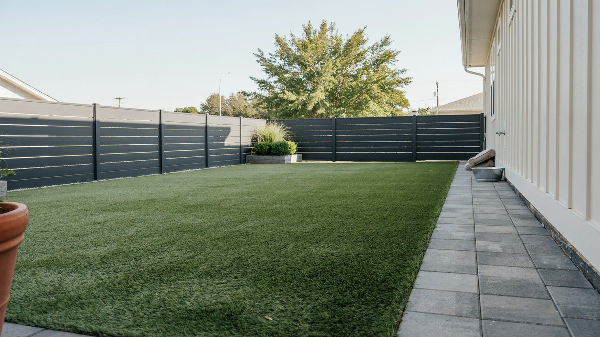 Fake turf yard edged with paver walkway along a white house wall