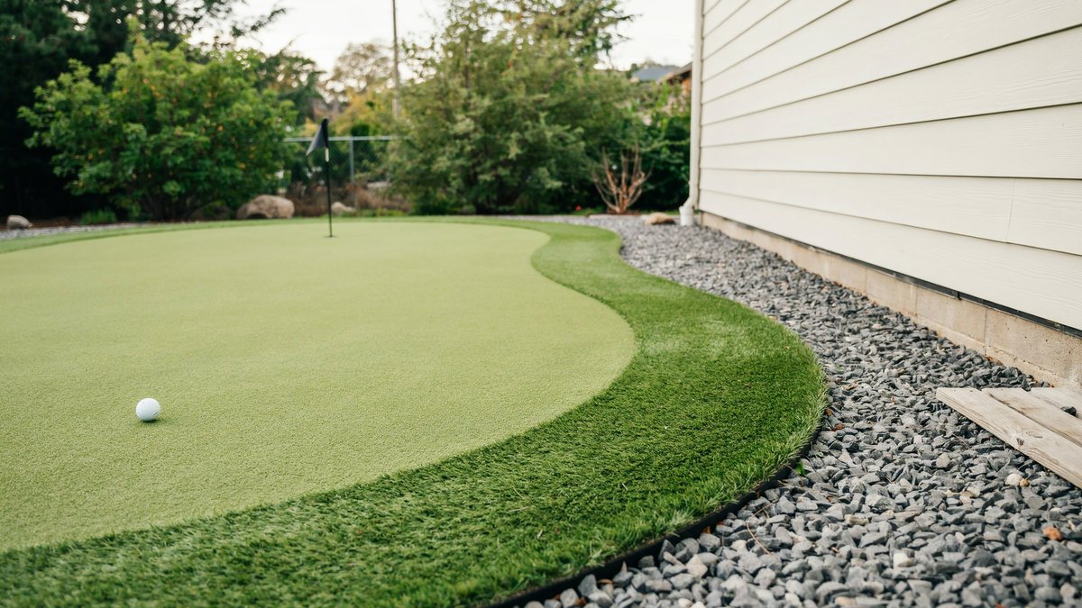 Curved practice green edged in river rock beside pale lap siding