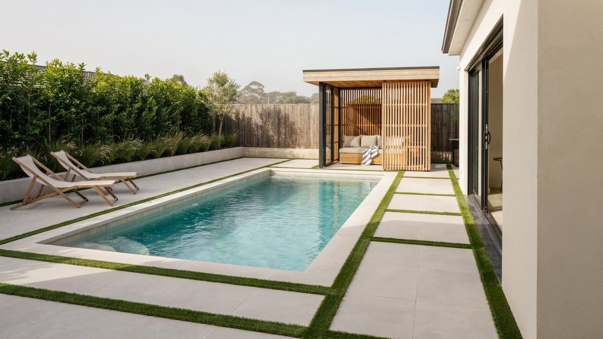 Slatted wood cabana beside a lap pool with turf strips between pavers