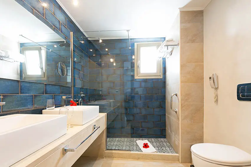 Bathroom with blue linoleum wall shower space