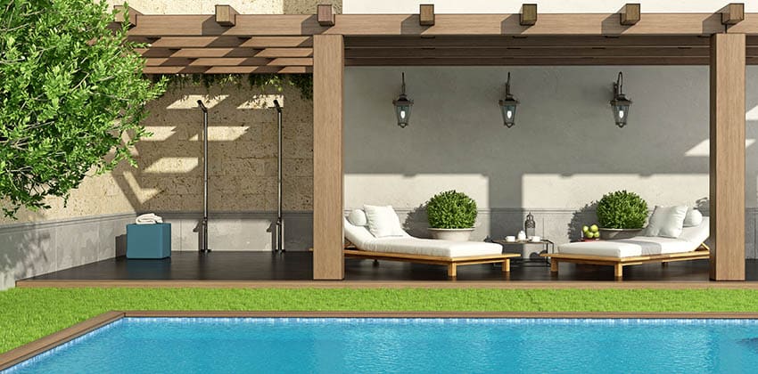 Pergola with white chairs, shower area and pool