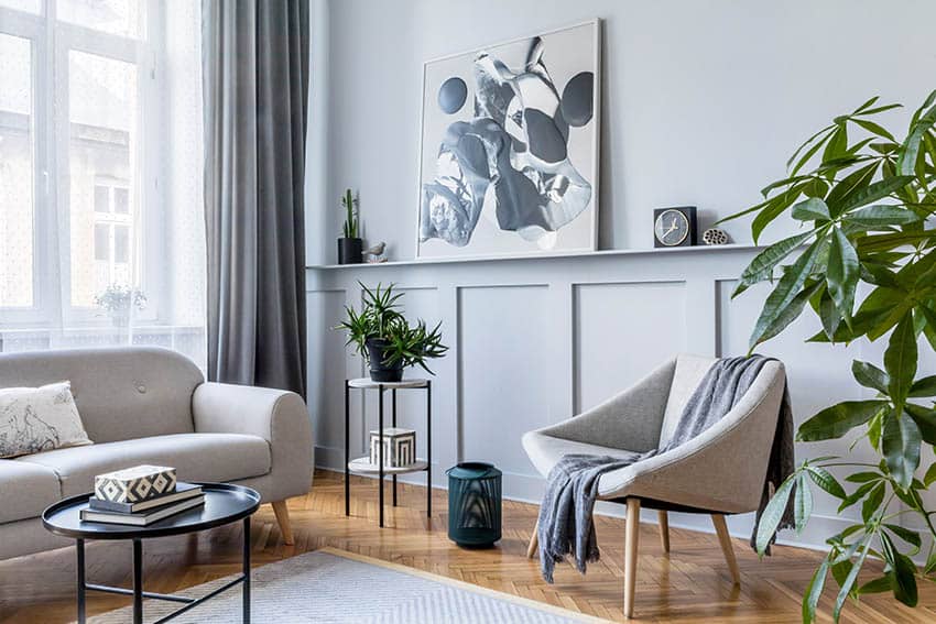 Living room with gray board and batten wall panels