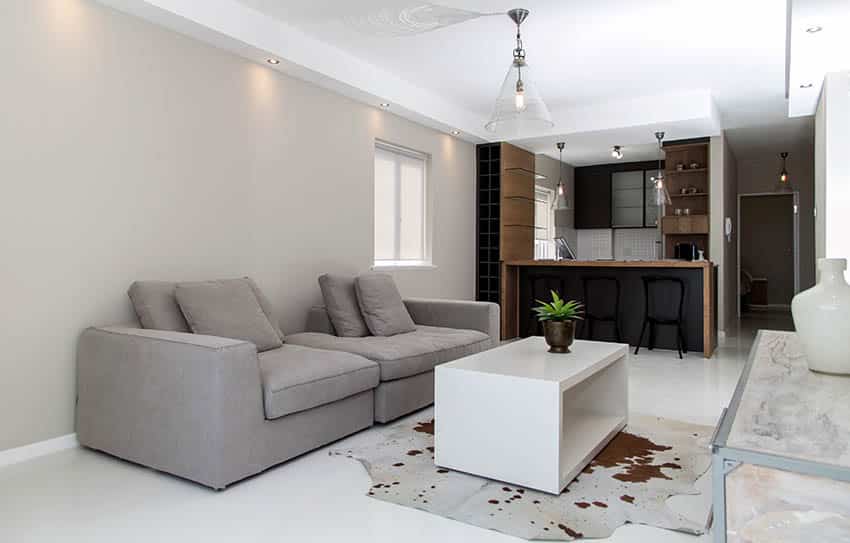 Living room with white epoxy floors