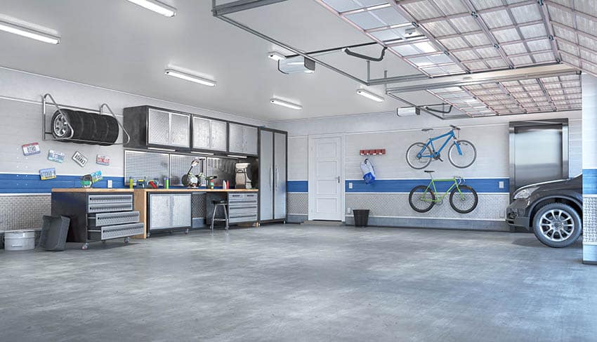 Minimalist garage organization with wall mounted cabinets