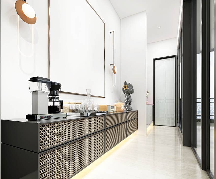 Modern home bar with coffee maker under cabinet lighting