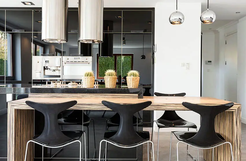 Modern kitchen black high gloss lacquer cabinets wood grain island chrome lighting