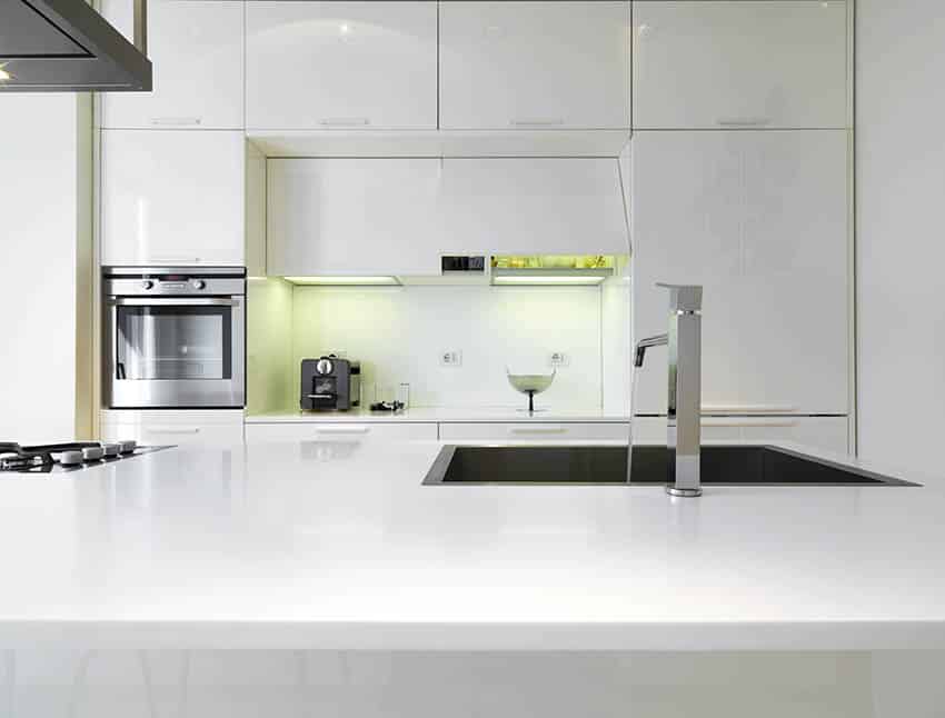 Modern kitchen with silgranit sink in island and lacquer cabinets