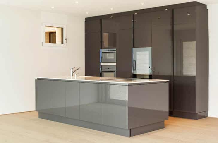 Modern Kitchen With Two Tone High Gloss Cabinets Brown And Gray Island Is 728x476 