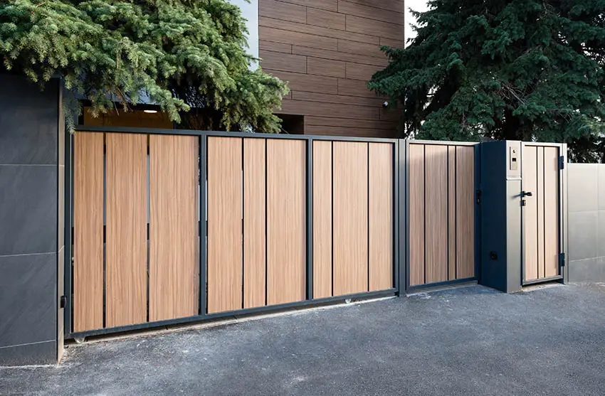 modern-wood-gate-with-powder-coated-metal-frame-and-side-door-entry-