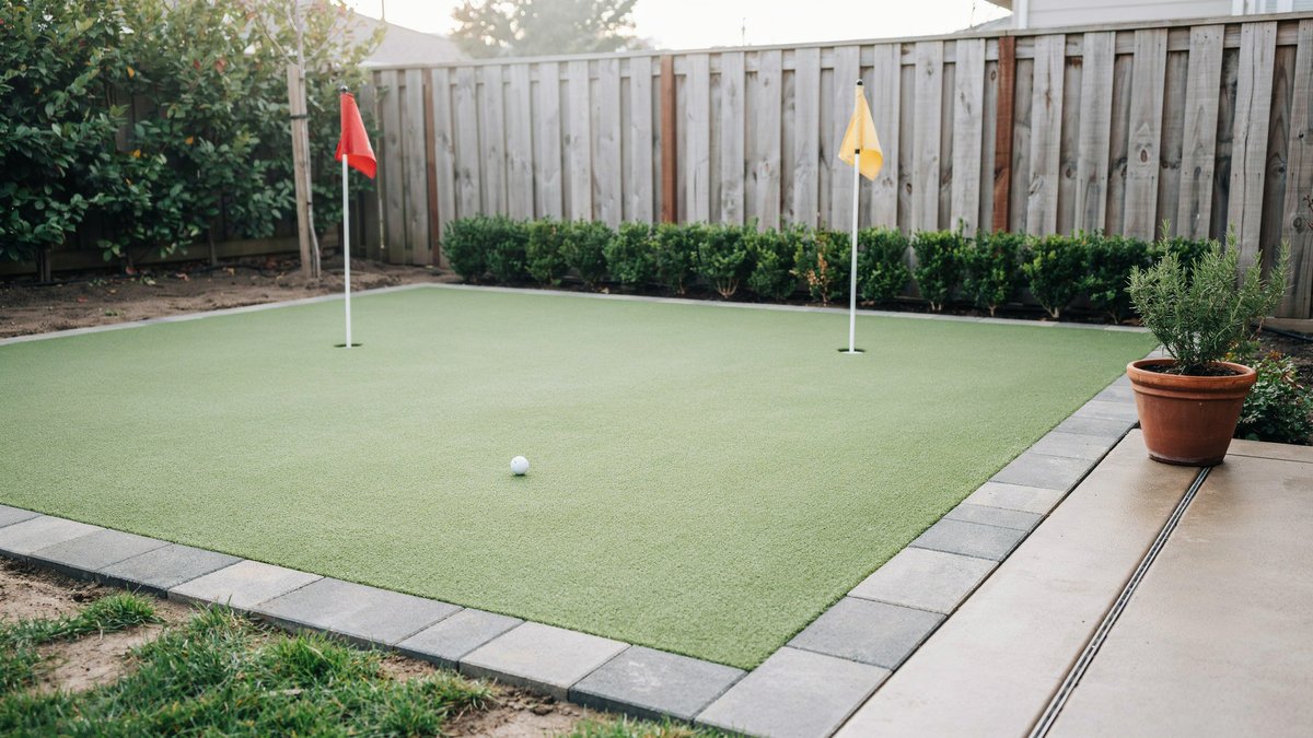Compact backyard green with red and yellow flags beside a cedar fence
