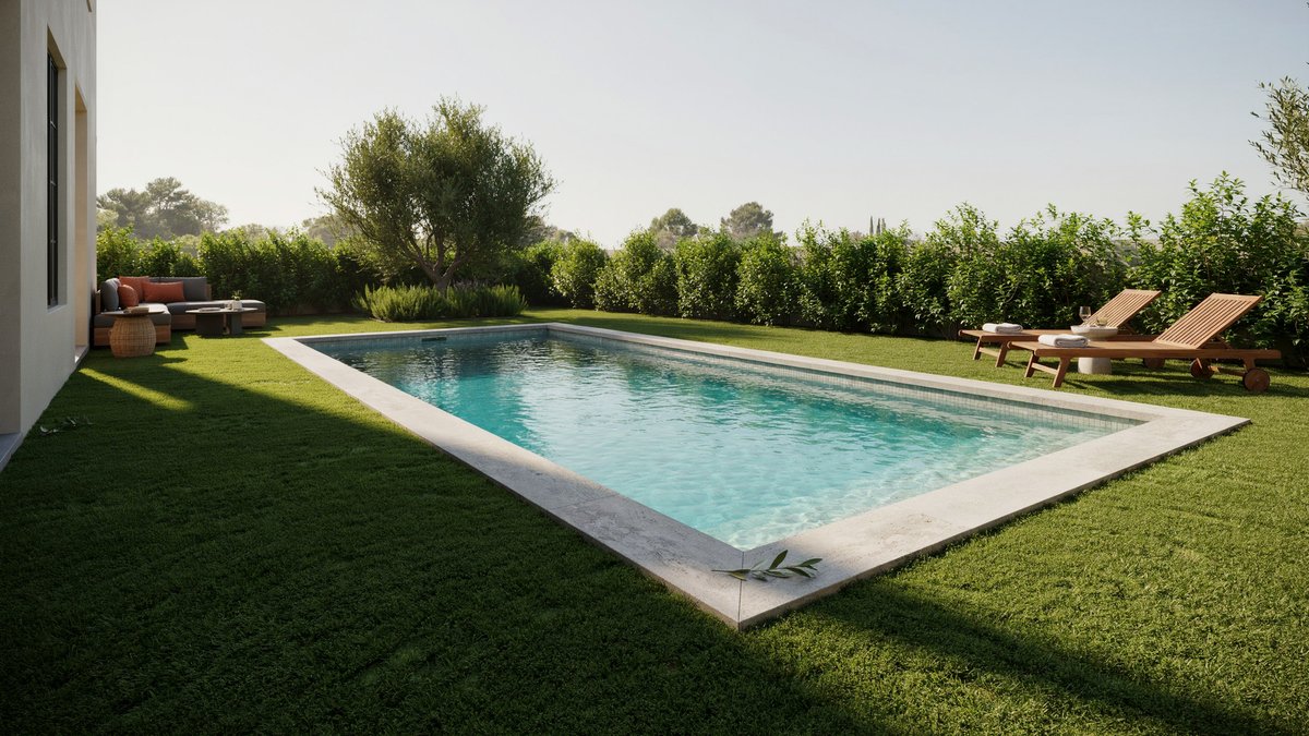 Rectangular pool ringed by synthetic lawn with wood loungers and hedge screen