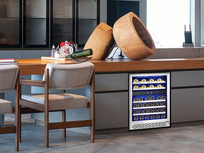 Under counter wine cooler with dual zones