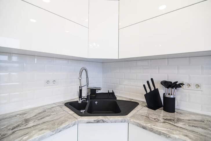 Lacquer Kitchen Cabinets Pros And Cons   White Lacquer Kitchen Cabinets With Black Synthetic Granite Corner Sink Ss 728x486 