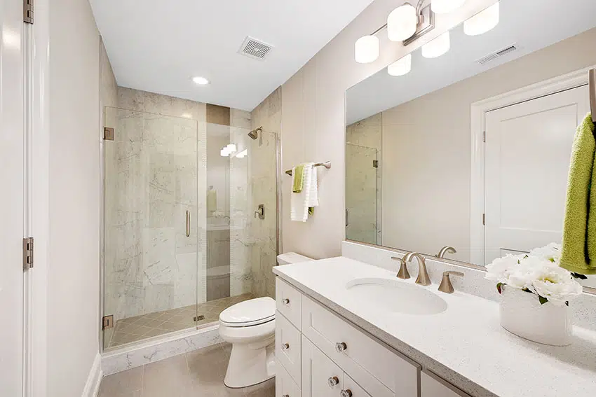 Bathroom with frameless style shower doors