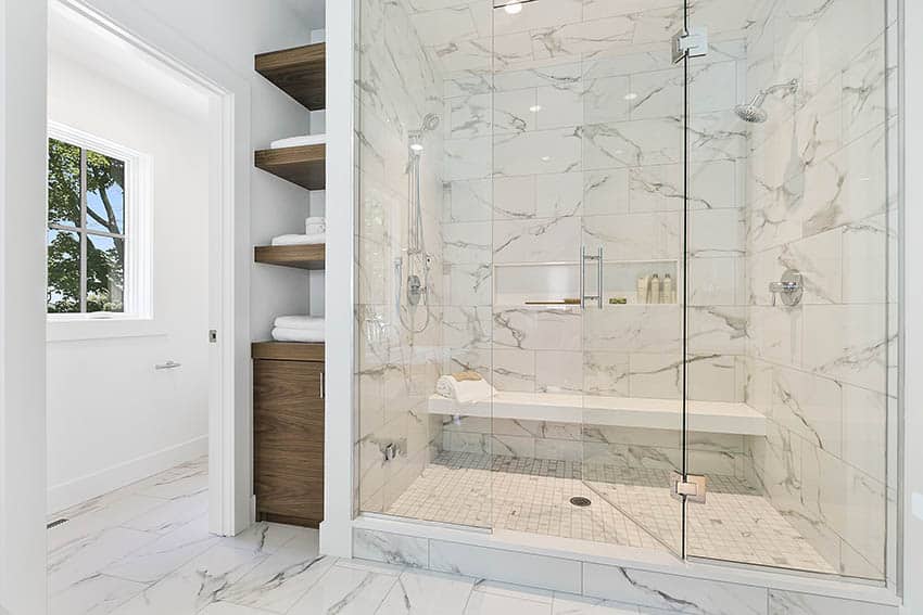 Bathroom with marble mosaic tile shower floors and walls dual shower heads