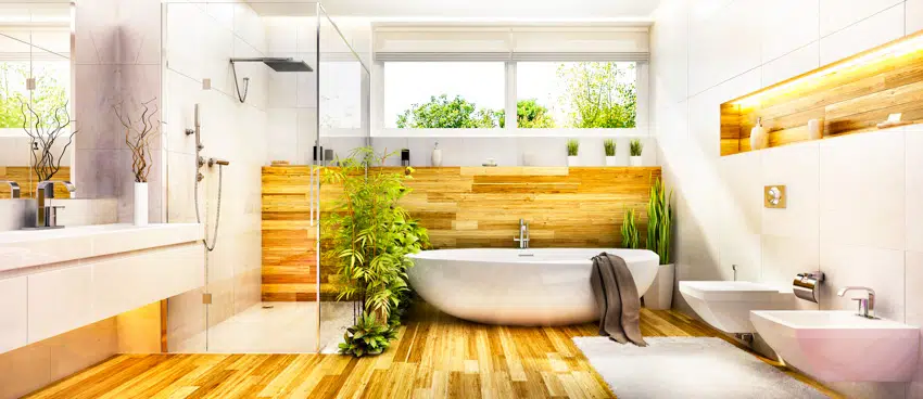 Bathroom with wood floors shower area porcelain bathtub toilet and sink