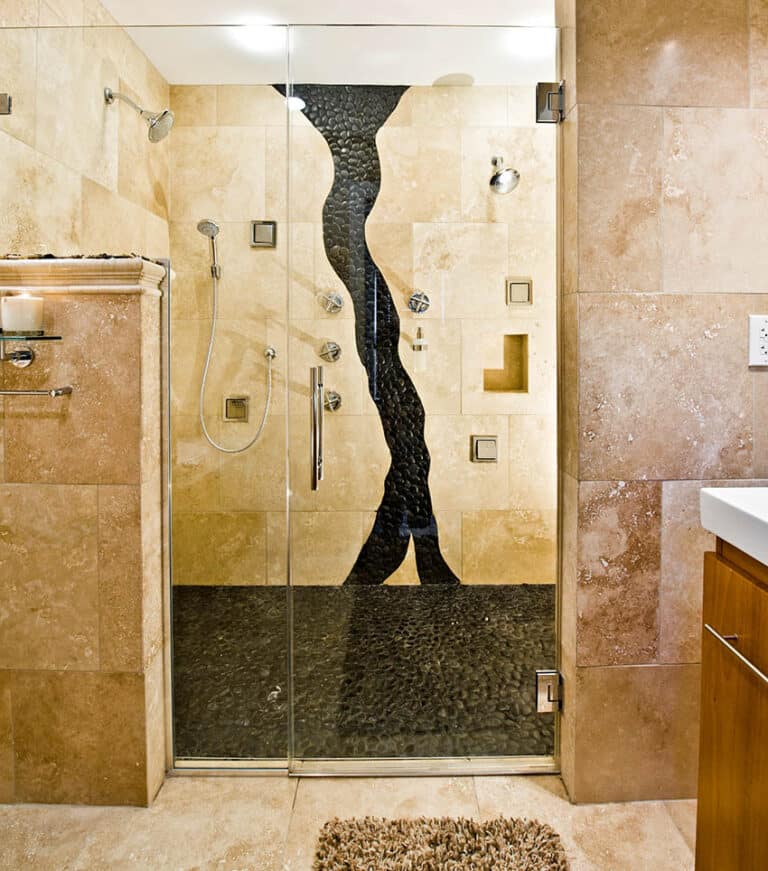 Black River Rock Shower With Travertine Walls Bathroom Is 768x871 