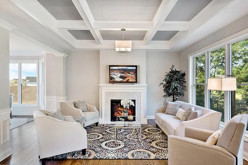 Contemporary living room with coffered ceiling wood flooring tv above fireplace