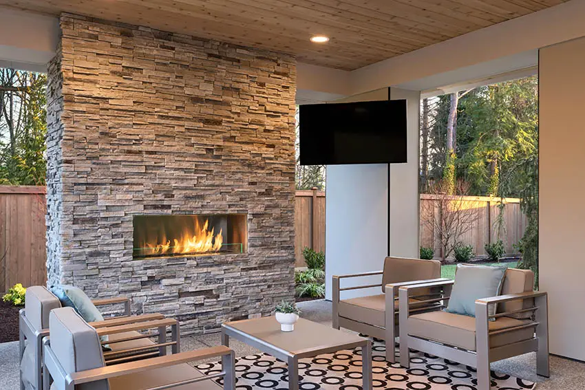 Covered patio with outdoor tv with wall mount