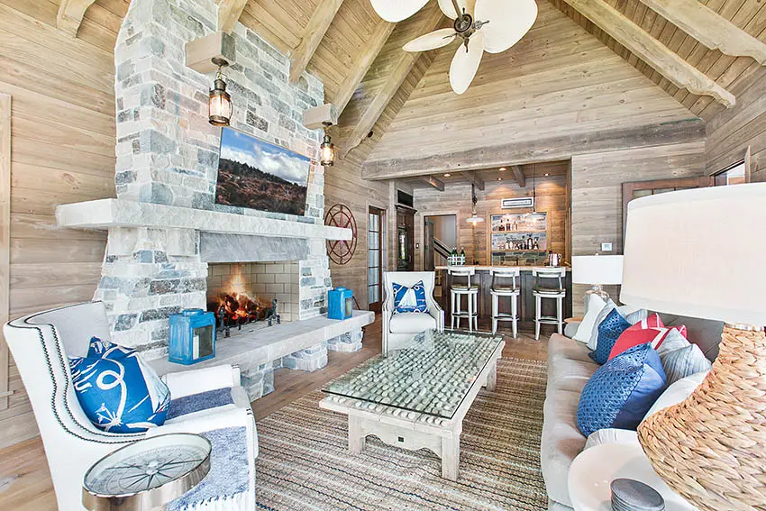 Covered patio with vaulted ceiling hanging outdoor tv on fireplace wall mount