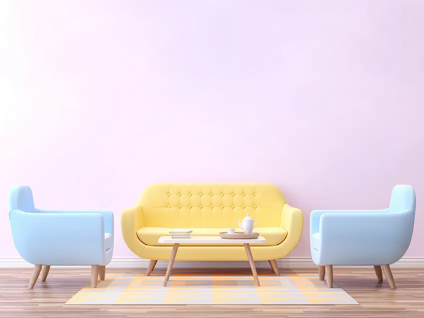 Pastel blue chairs, yellow sofa and light purple walls