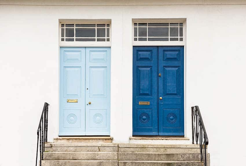 Dark blue and light blue front doors