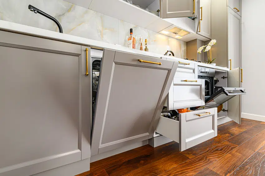Dishwasher cabinet and kitchen drawers
