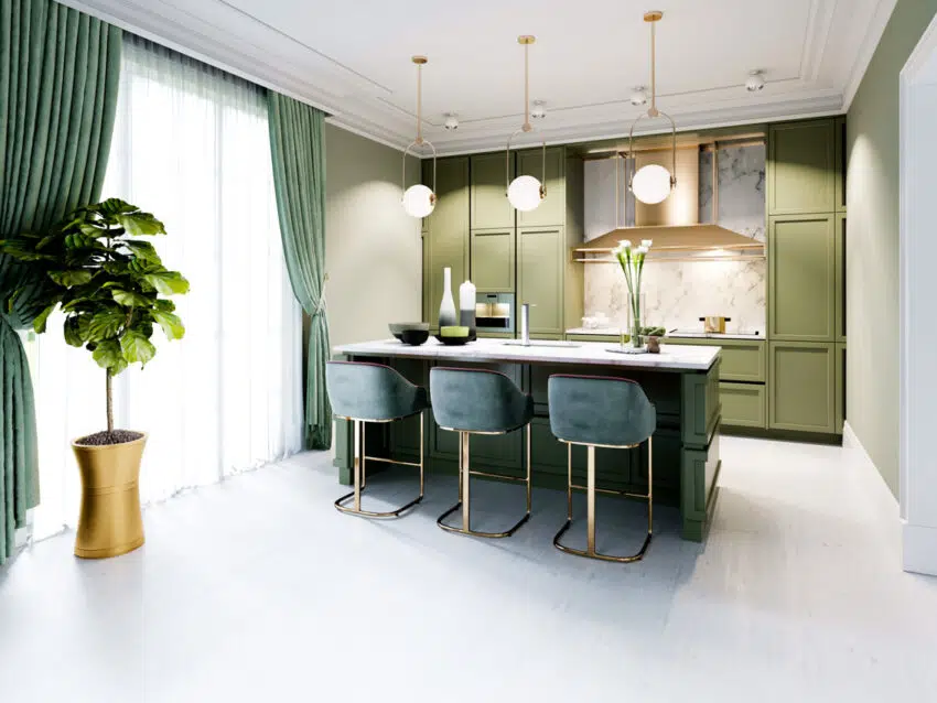 Green themed kitchen with large window and plants