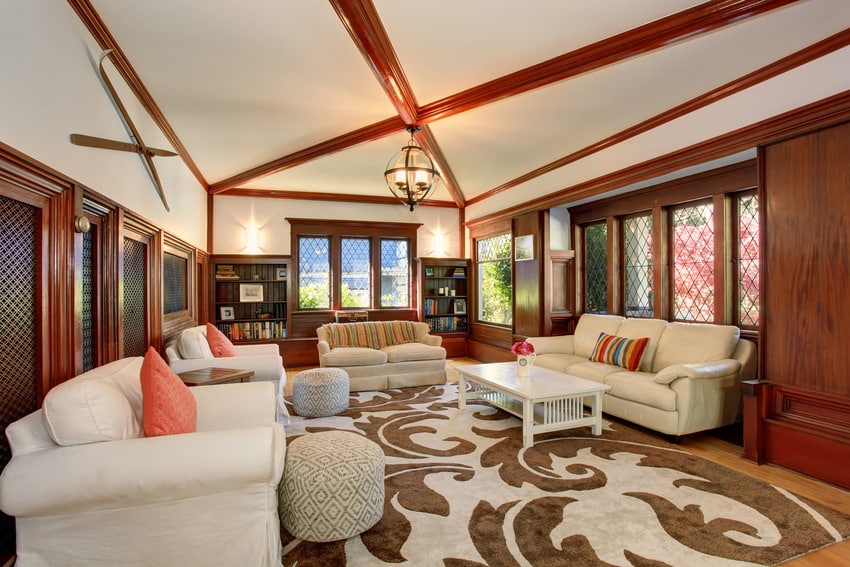Living room built in simple coffered ceiling