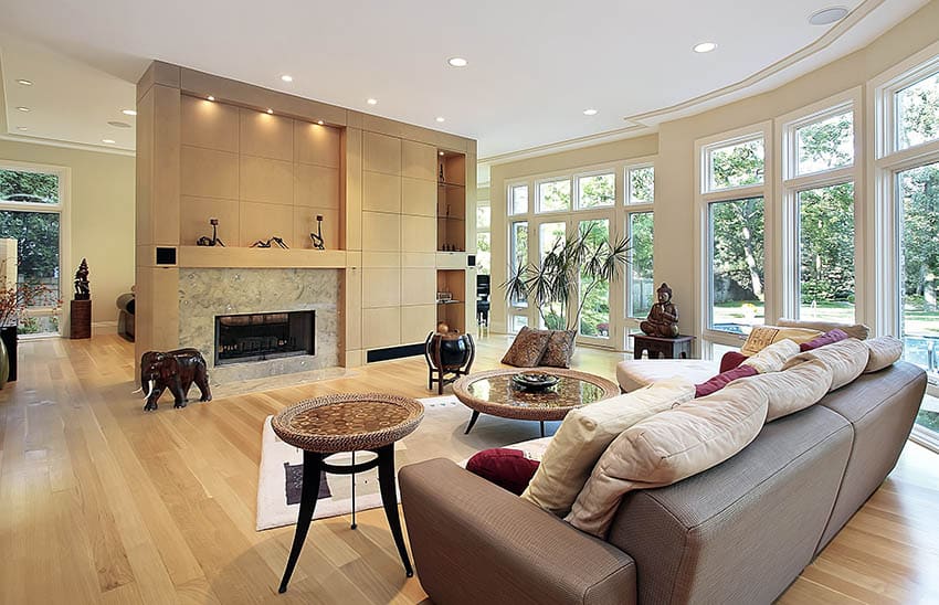 Living room with douglas fir engineered flooring wrap around windows