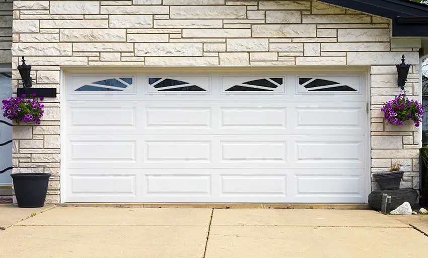 Long panel garage door with windows