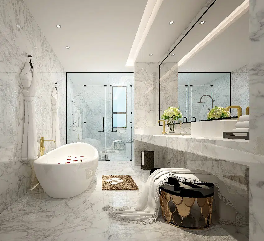 modern bathroom with a bath shower bathrobe mirror and bathroom marble tiles