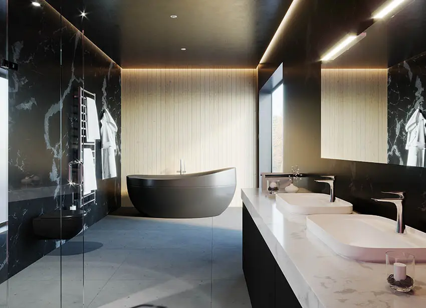 Modern bathroom with walk in shower concrete floors and custom epoxy tub