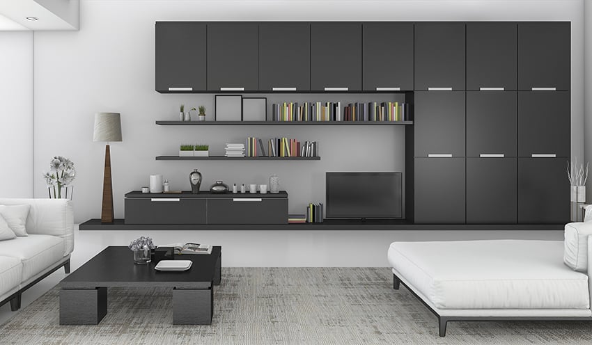 Modern black cabinet with neutral gray wall