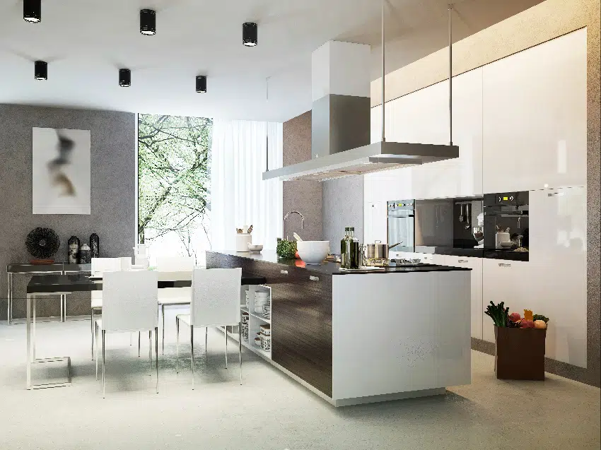 modern contemporary kitchen style with island sink dining set and white cabinets