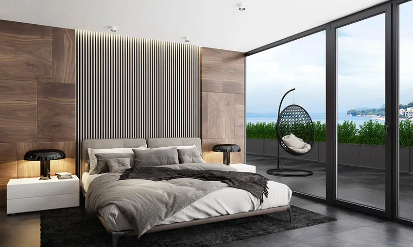 Modern platform bed wood veneer accent wall vertical pattern 