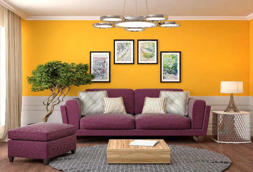 Orange and white wall with purple sofa and wooden floor