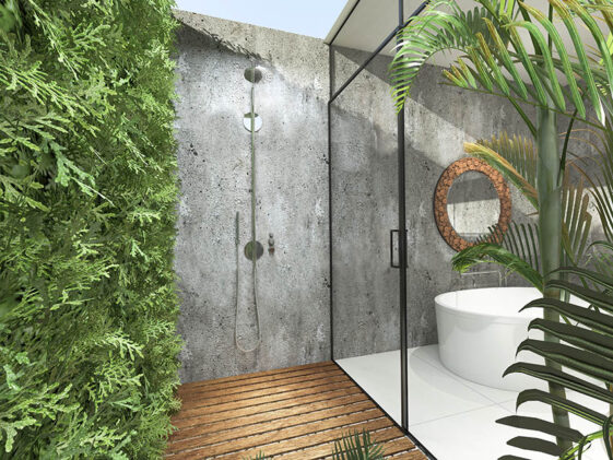 Outdoor Shower Floor Ideas 7 Beautiful Options   Outdoor Shower With Wood Floor Is 561x421 