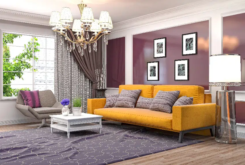 Purple room interior with mustard sofa