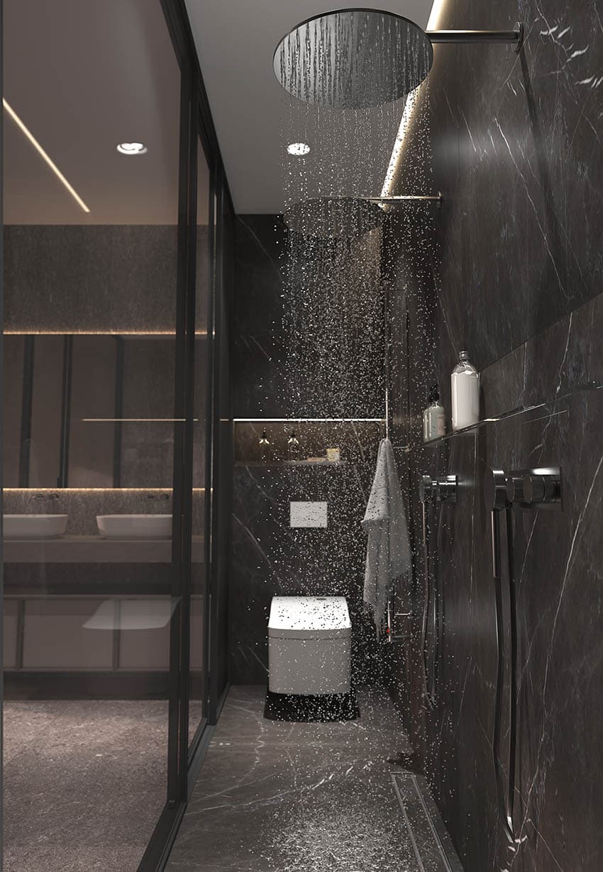 Rainfall shower with black soapstone floor and wall tiles