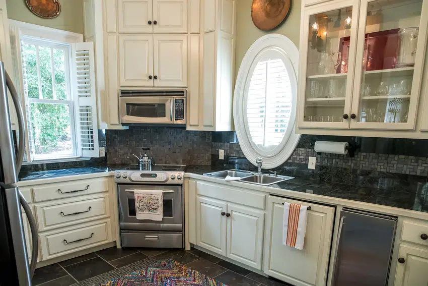 Stove in corner of kitchen