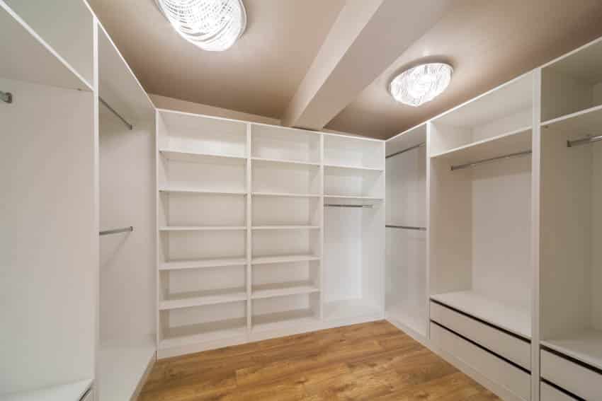 Walk-in closet built in storage shelving 