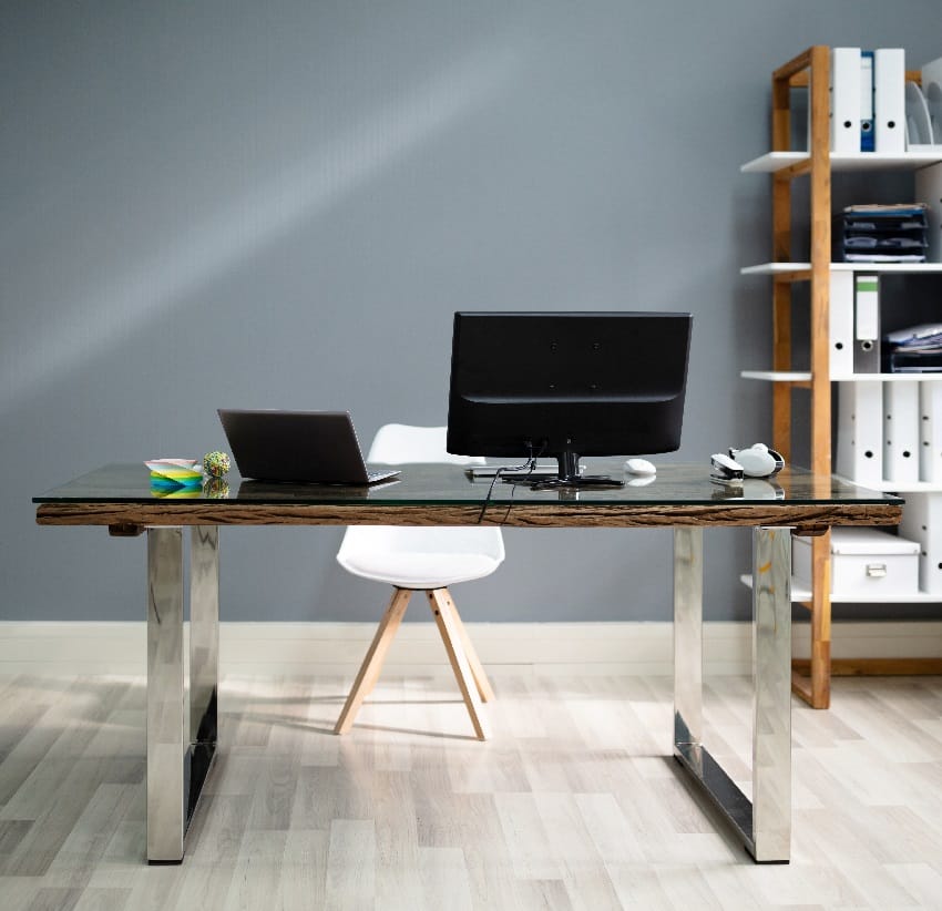 white scandinavian chair office table and computer on desk in modern office