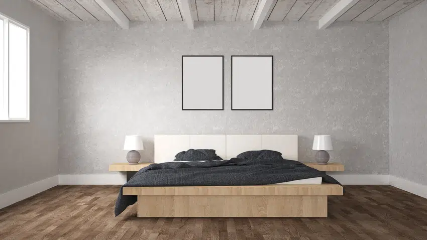 3d illustration of floating bed frame in muted interior bedroom with wood flooring