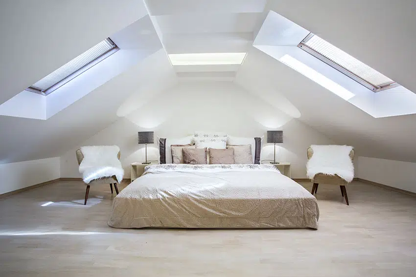 Fully finished bedroom velux attic with side chairs black lamp shades